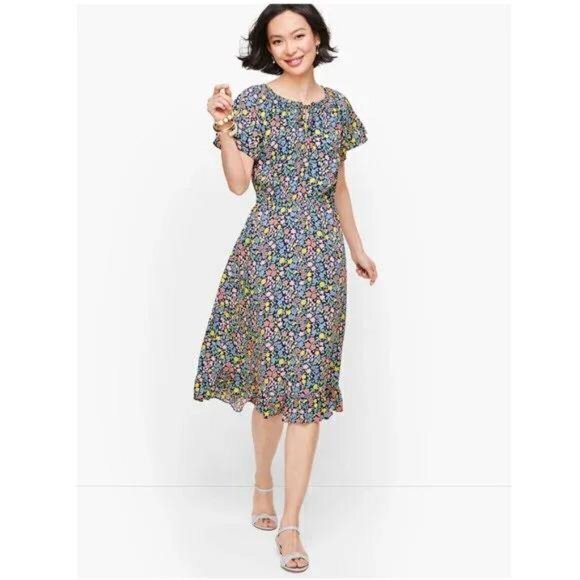 Talbots Floral Flutter Sleeve Tie Neck Ruffled Hem Multi Fit Flare Dress… - Picture 1 of 10